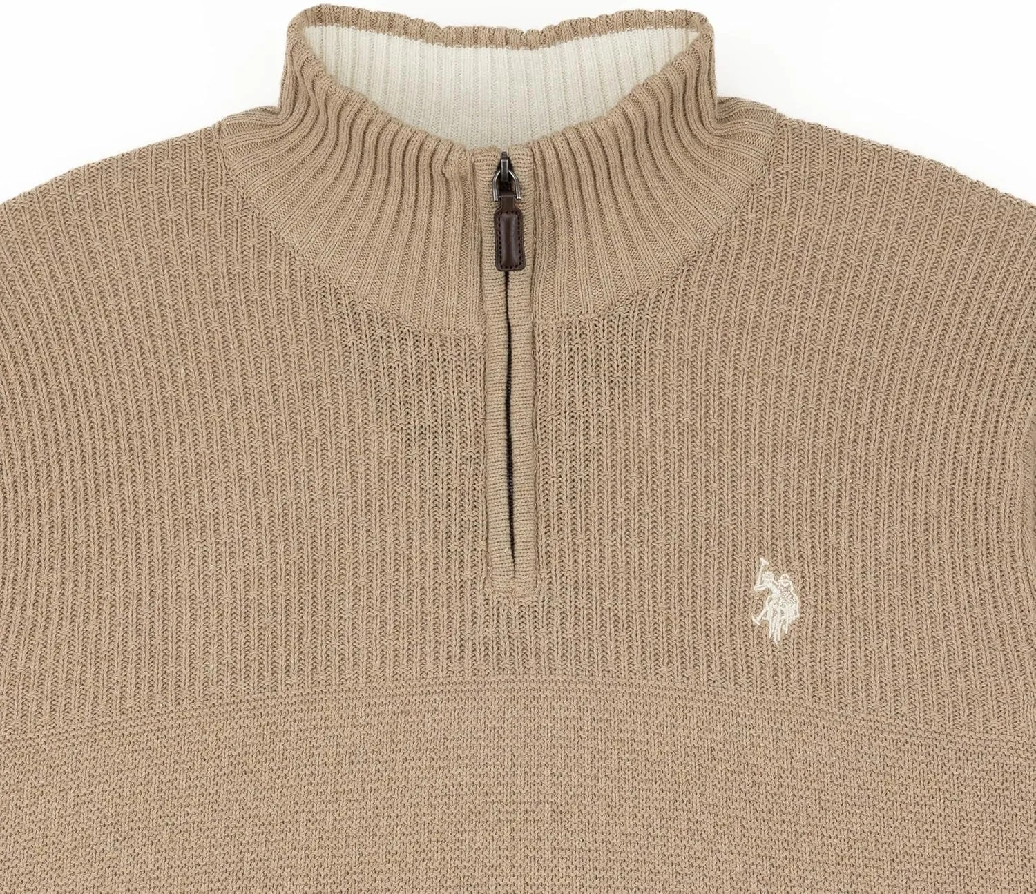 U.S. POLO ASSN. Men's Cable Knit Quarter Zip Textured Ribbed and Collared Pullover Sweater - Classic Solid Color