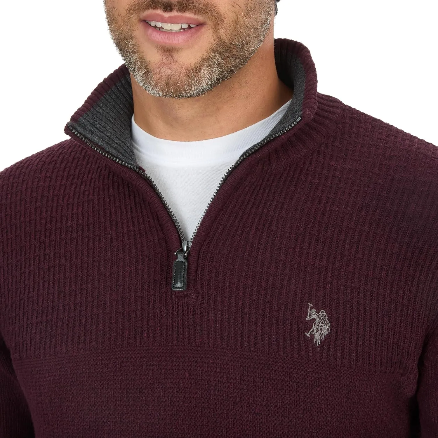 U.S. POLO ASSN. Men's Cable Knit Quarter Zip Textured Ribbed and Collared Pullover Sweater - Classic Solid Color