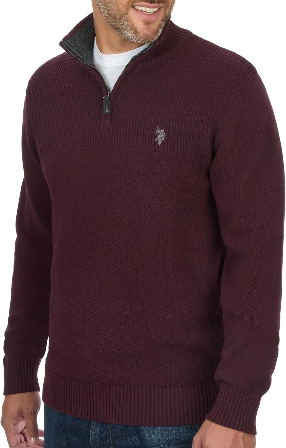 U.S. POLO ASSN. Men's Cable Knit Quarter Zip Textured Ribbed and Collared Pullover Sweater - Classic Solid Color