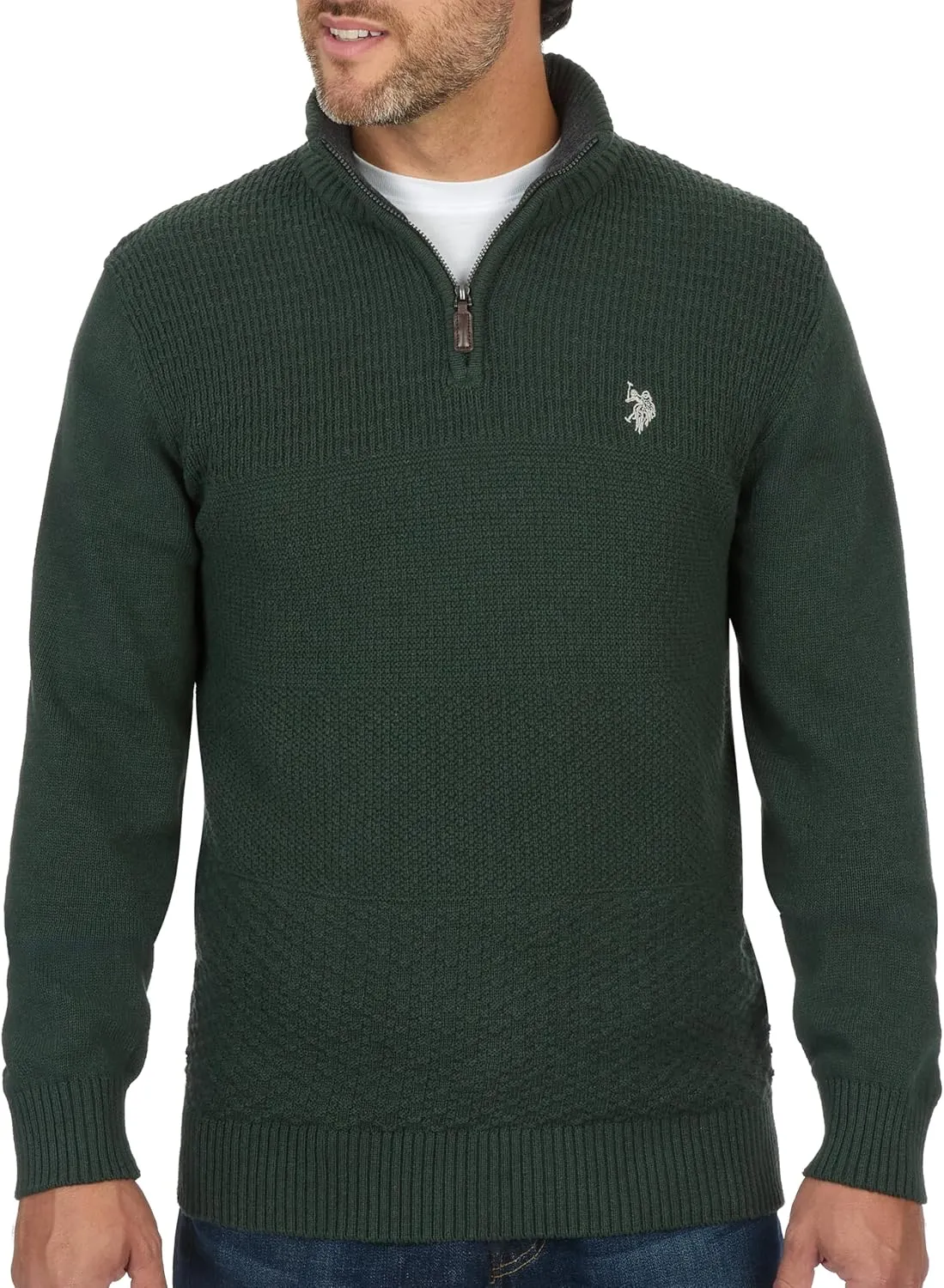 U.S. POLO ASSN. Men's Cable Knit Quarter Zip Textured Ribbed and Collared Pullover Sweater - Classic Solid Color