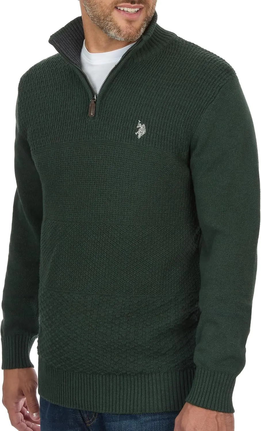 U.S. POLO ASSN. Men's Cable Knit Quarter Zip Textured Ribbed and Collared Pullover Sweater - Classic Solid Color