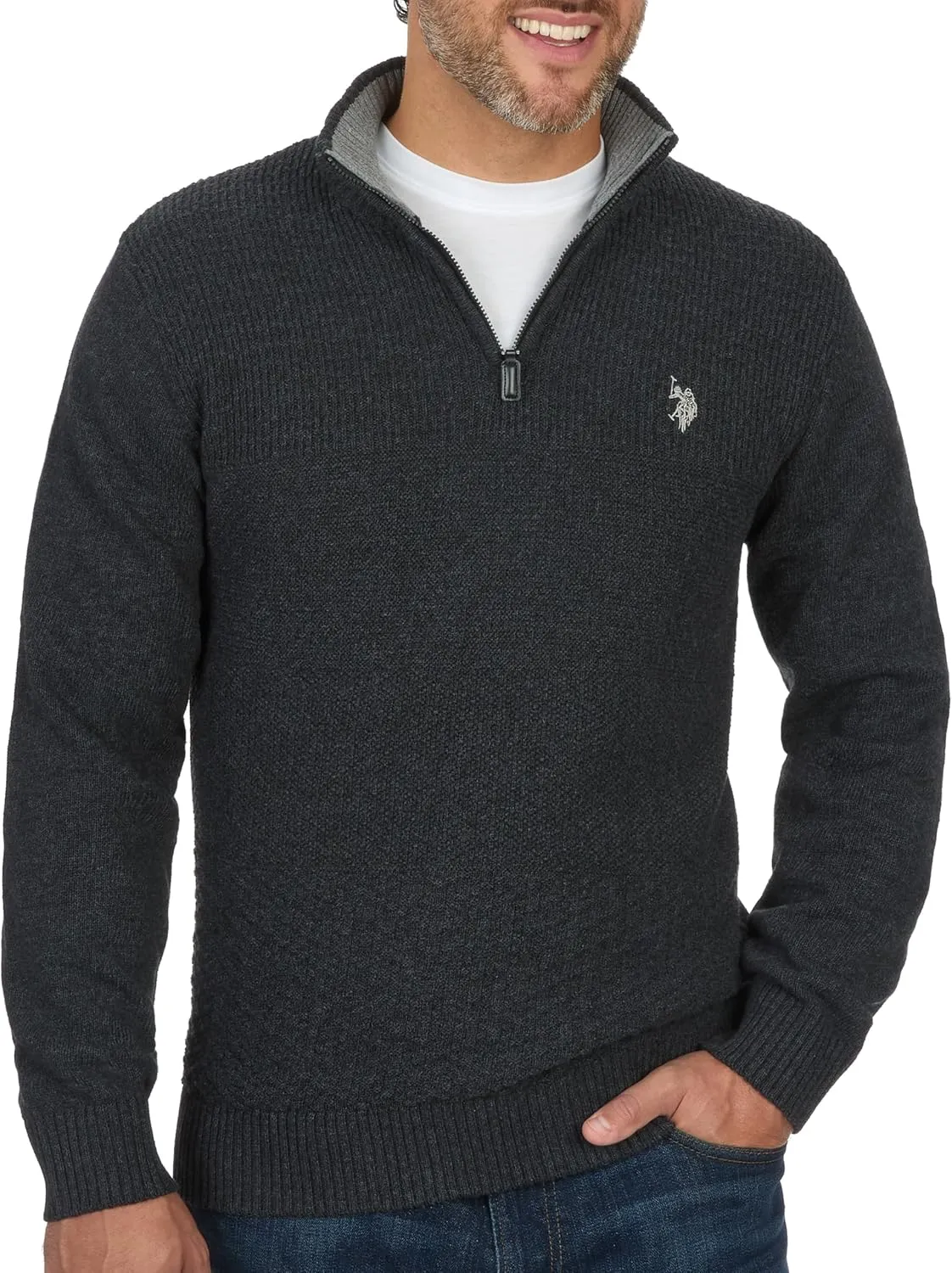 U.S. POLO ASSN. Men's Cable Knit Quarter Zip Textured Ribbed and Collared Pullover Sweater - Classic Solid Color