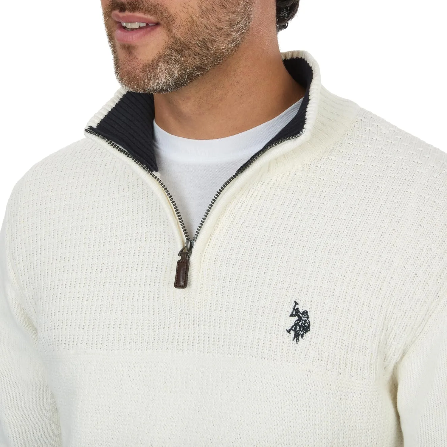 U.S. POLO ASSN. Men's Cable Knit Quarter Zip Textured Ribbed and Collared Pullover Sweater - Classic Solid Color