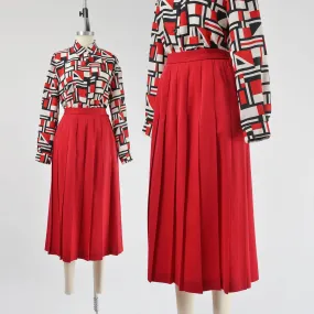 Vintage 80s Cranberry Red Skirt Twill Wool High Waisted Pleated Midi Skirt size M