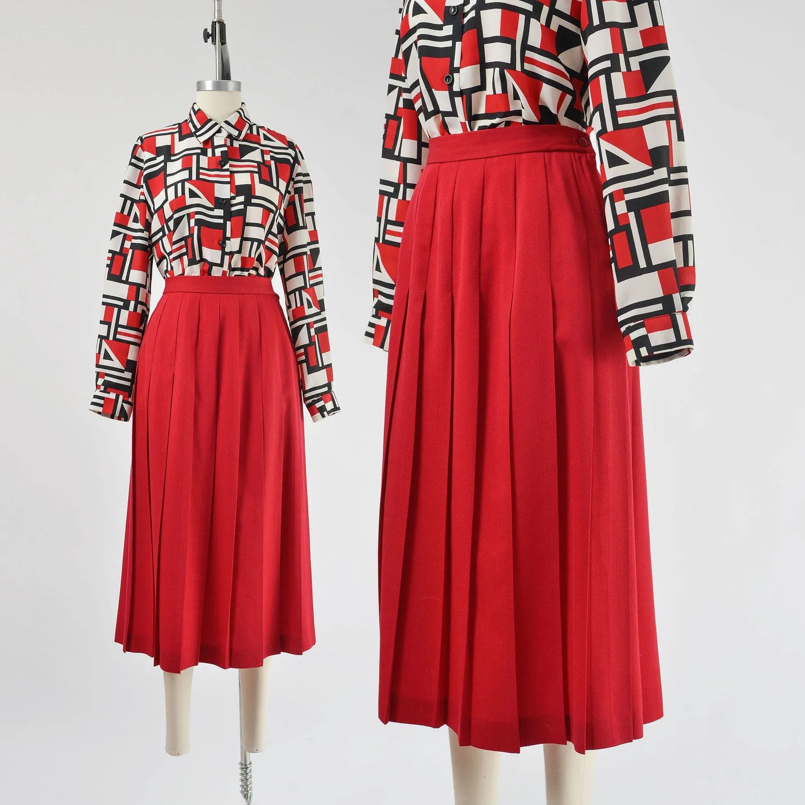 Vintage 80s Cranberry Red Skirt Twill Wool High Waisted Pleated Midi Skirt size M