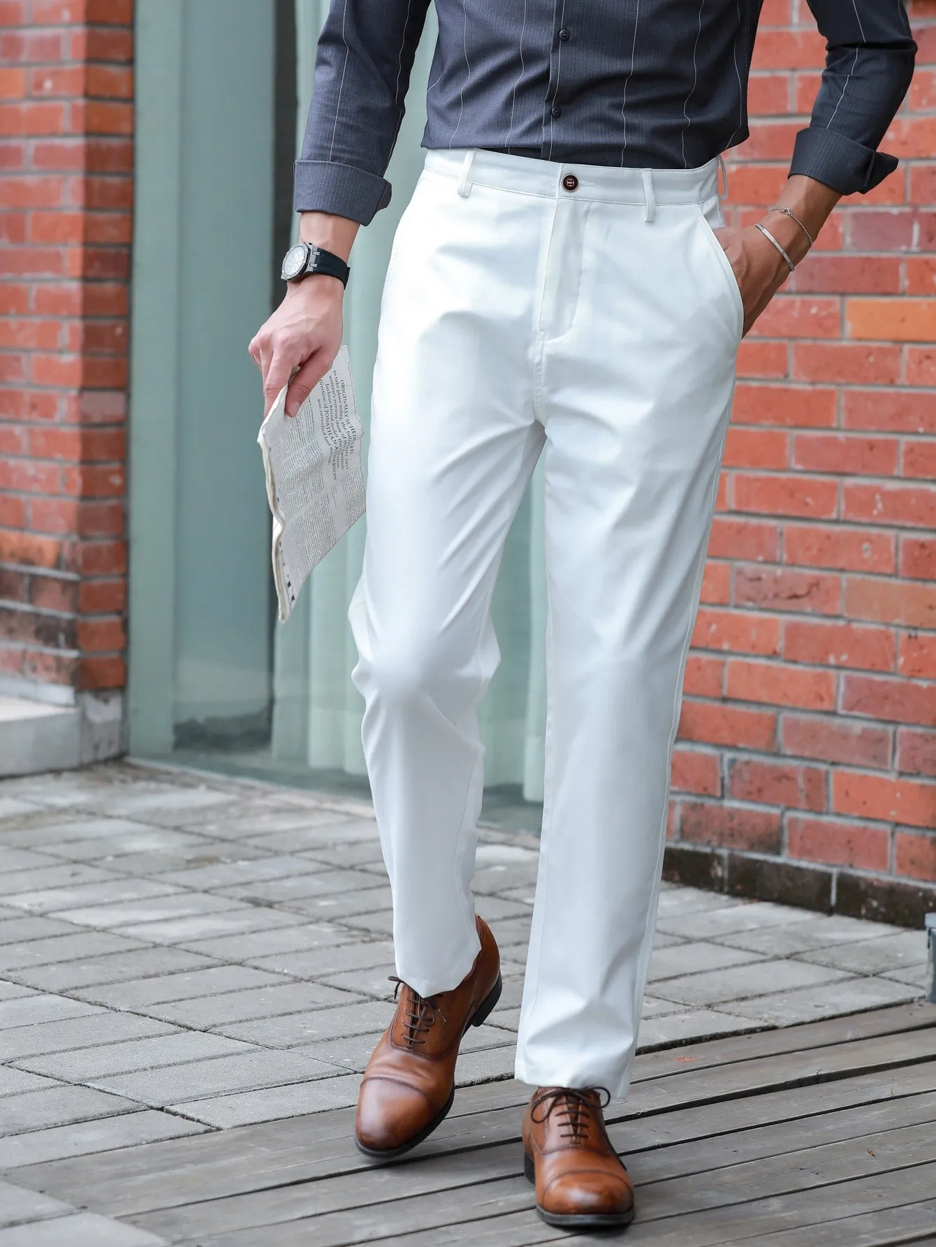 White Slant Pockets Zipper Fly Tailored Trousers