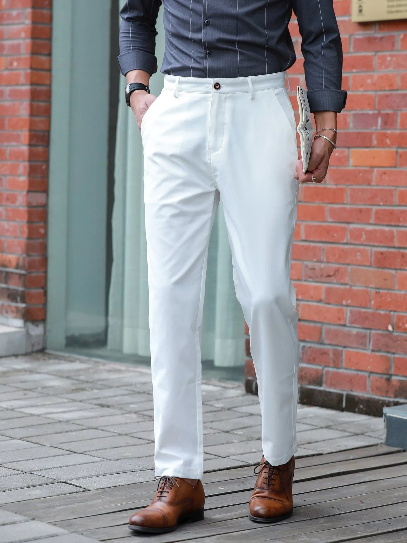 White Slant Pockets Zipper Fly Tailored Trousers