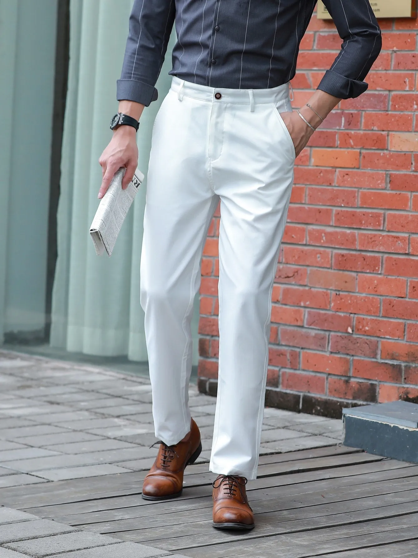 White Slant Pockets Zipper Fly Tailored Trousers