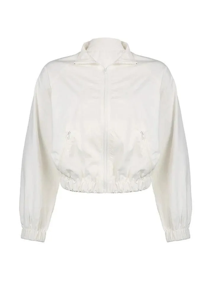 White Stretchy Hem Cargo Style Thin Crop Jacket