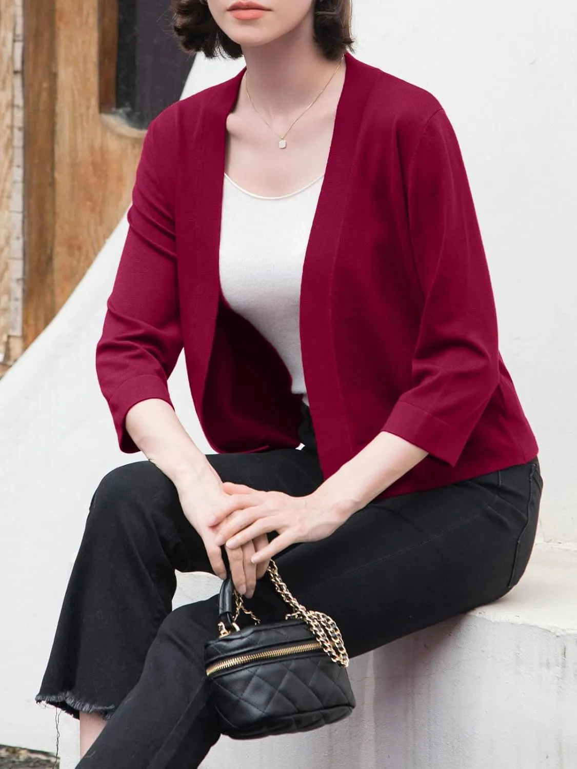 Women's 3/4 Sleeve Sweater Shrugs for Women Cropped Lightweight Knitted Cardigan