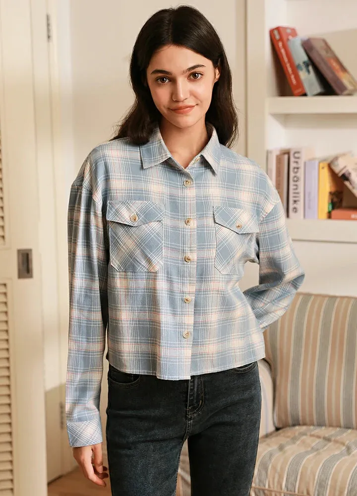 Women's Breathable Flannel Cropped Plaid Shirt
