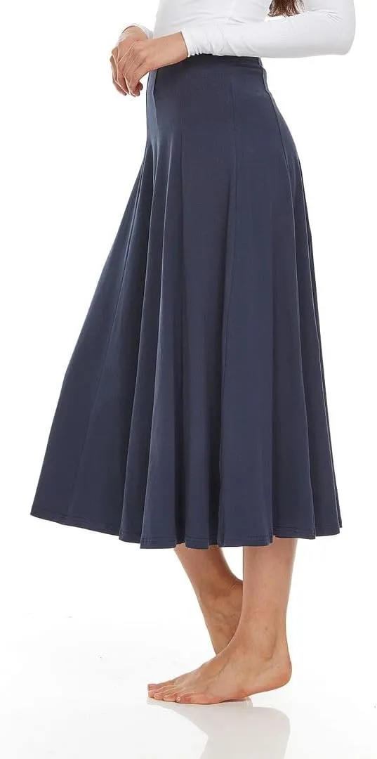 Women’s Cotton Midi 33 inch Length Panel Skirt- Elastic Waist Office Pleated Skirt