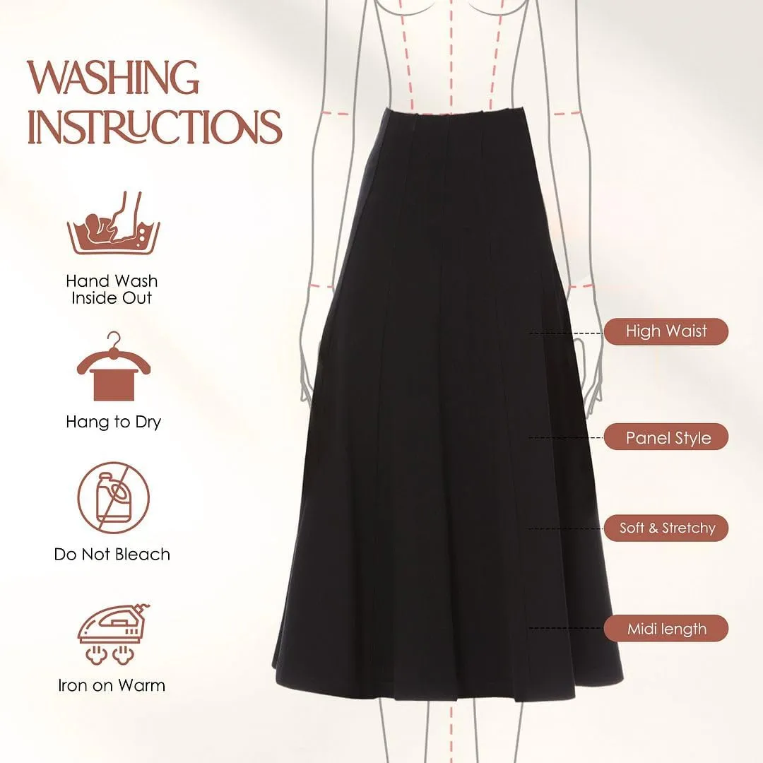Women’s Cotton Midi 33 inch Length Panel Skirt- Elastic Waist Office Pleated Skirt