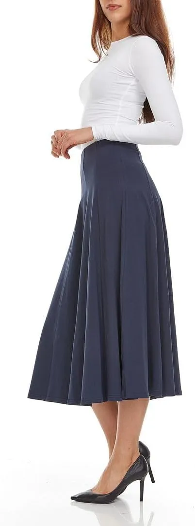Women’s Cotton Midi 33 inch Length Panel Skirt- Elastic Waist Office Pleated Skirt