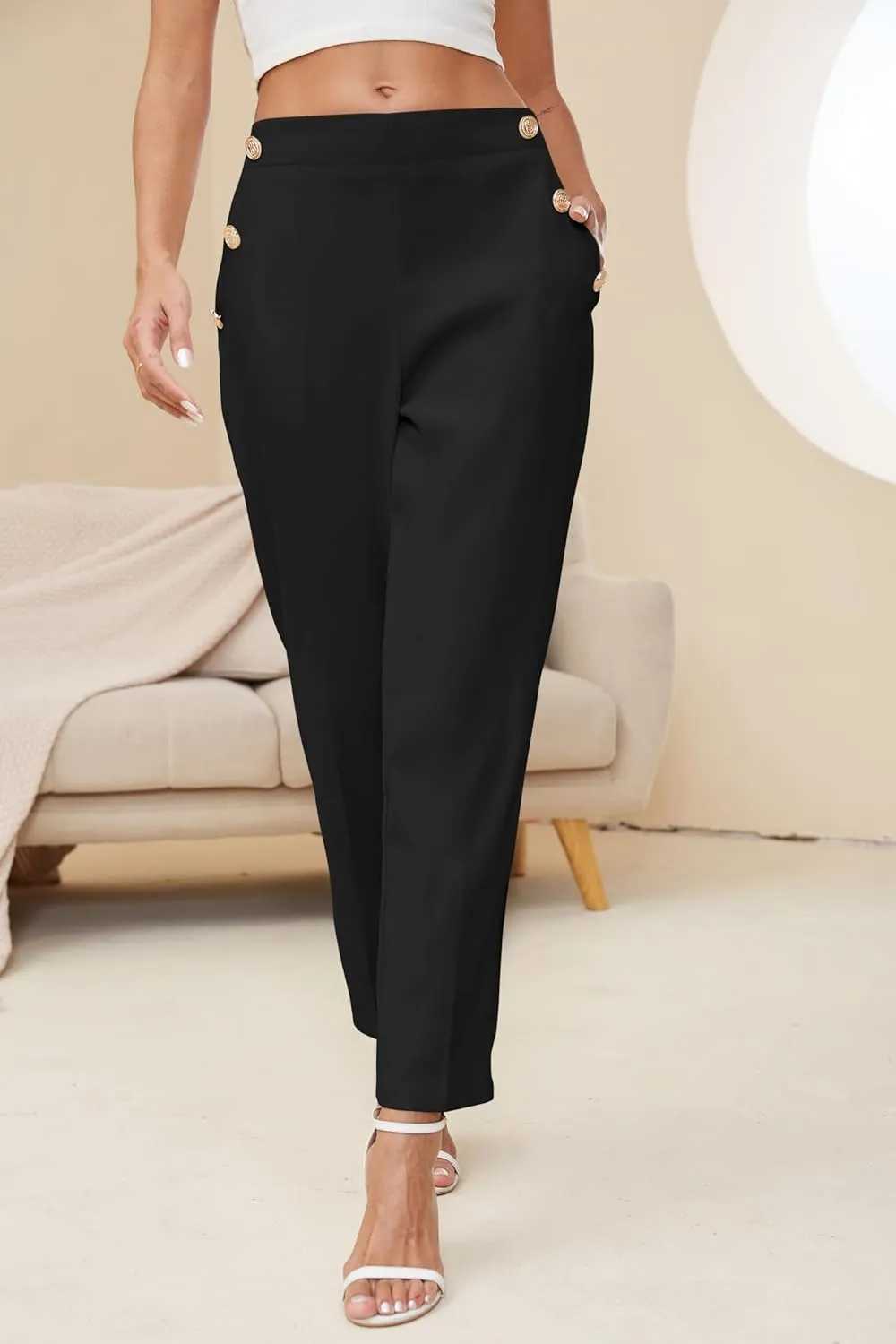 Women's Elastic High Waist Business Slacks for Work Trousers Pants Straight Leg with Pockets