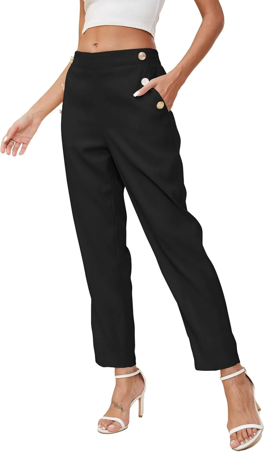 Women's Elastic High Waist Business Slacks for Work Trousers Pants Straight Leg with Pockets