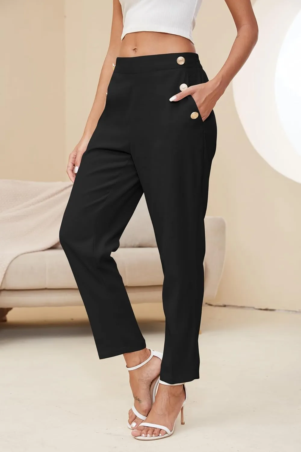Women's Elastic High Waist Business Slacks for Work Trousers Pants Straight Leg with Pockets