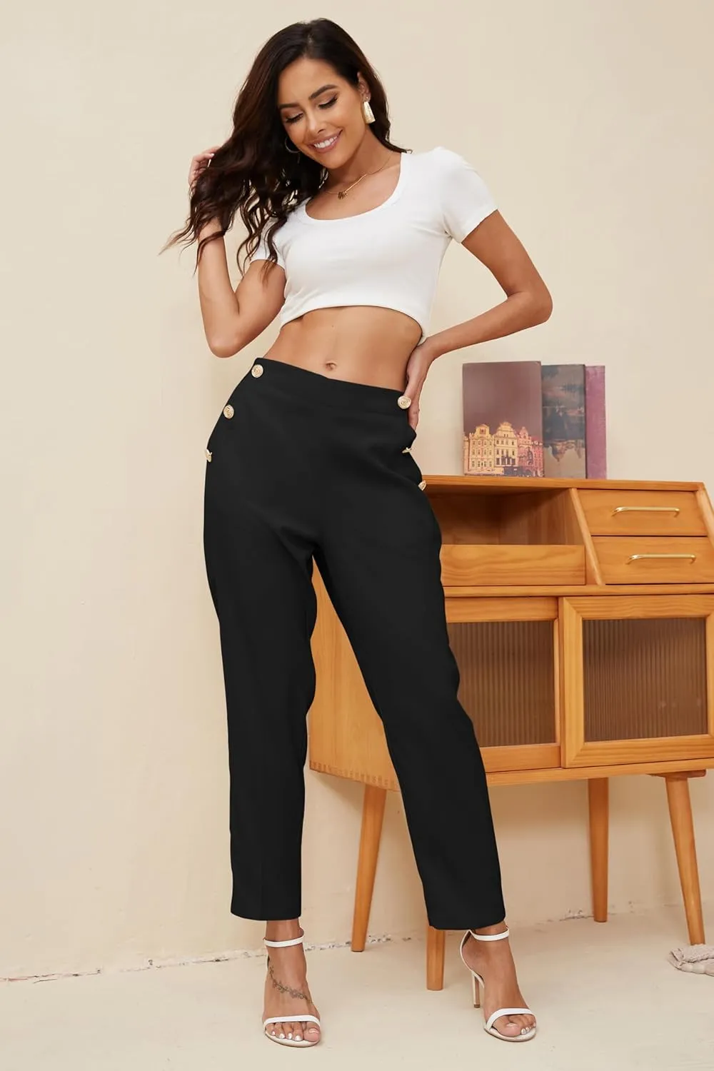 Women's Elastic High Waist Business Slacks for Work Trousers Pants Straight Leg with Pockets