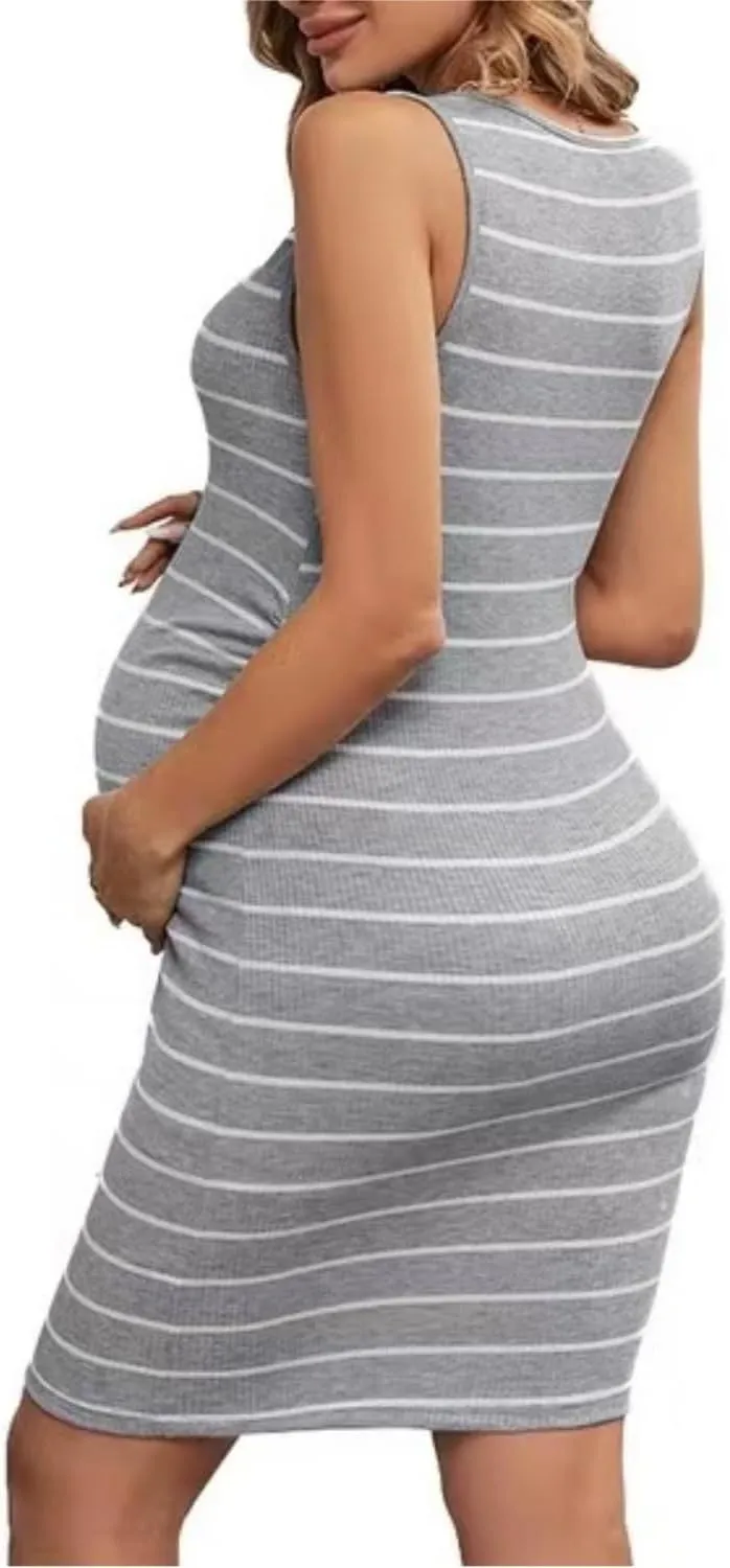 Womens Maternity Ribbed Tank Dress Sleeveless Slim Fit Dress Bodycon Prenancy Women Casual Dress