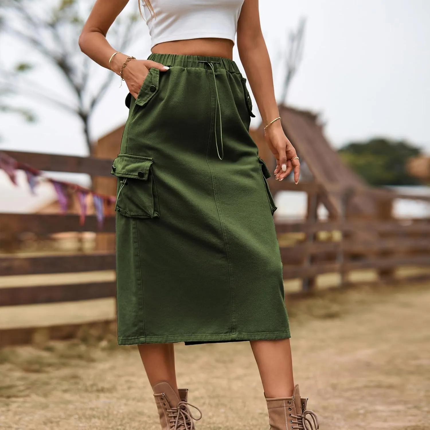 Women's Maxi Long Denim Skirts High Waist Split A line Flare Jean Skirt Y2k Cargo Casual Jean Skirts with Pockets