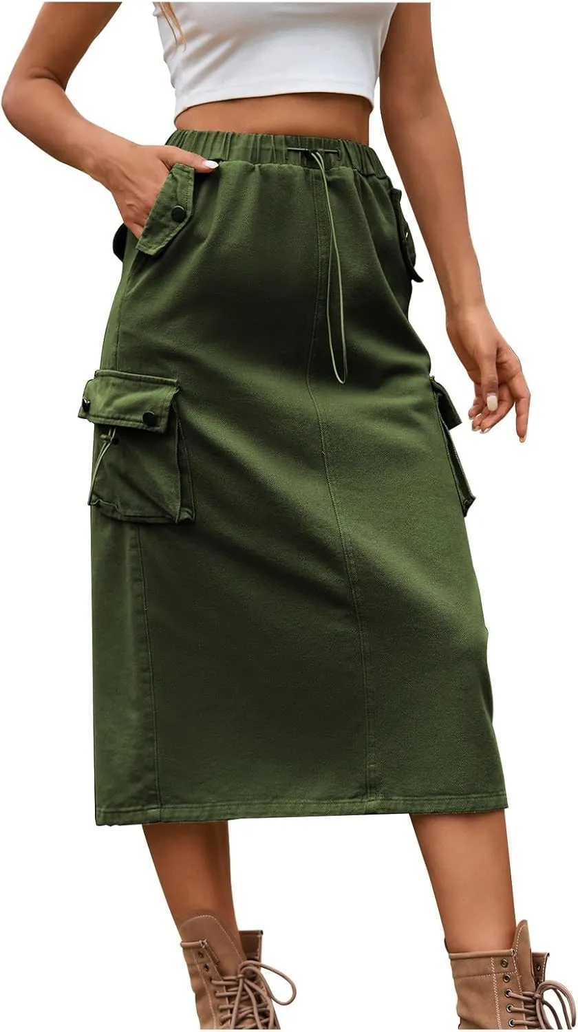 Women's Maxi Long Denim Skirts High Waist Split A line Flare Jean Skirt Y2k Cargo Casual Jean Skirts with Pockets