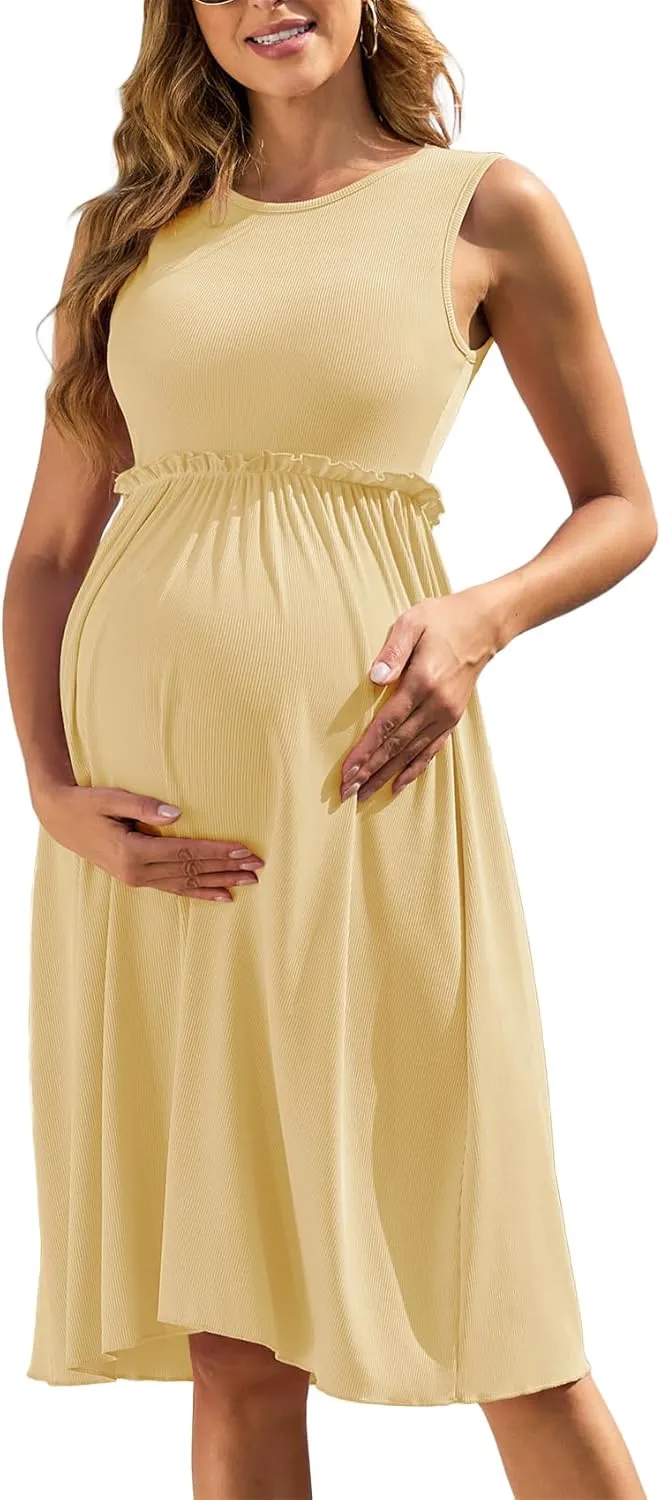 Women's Ribbed Knit Maternity Dress Frill Trim Flowy Shift High Waisted A-Line Round Neck Short Pregnancy Dresses