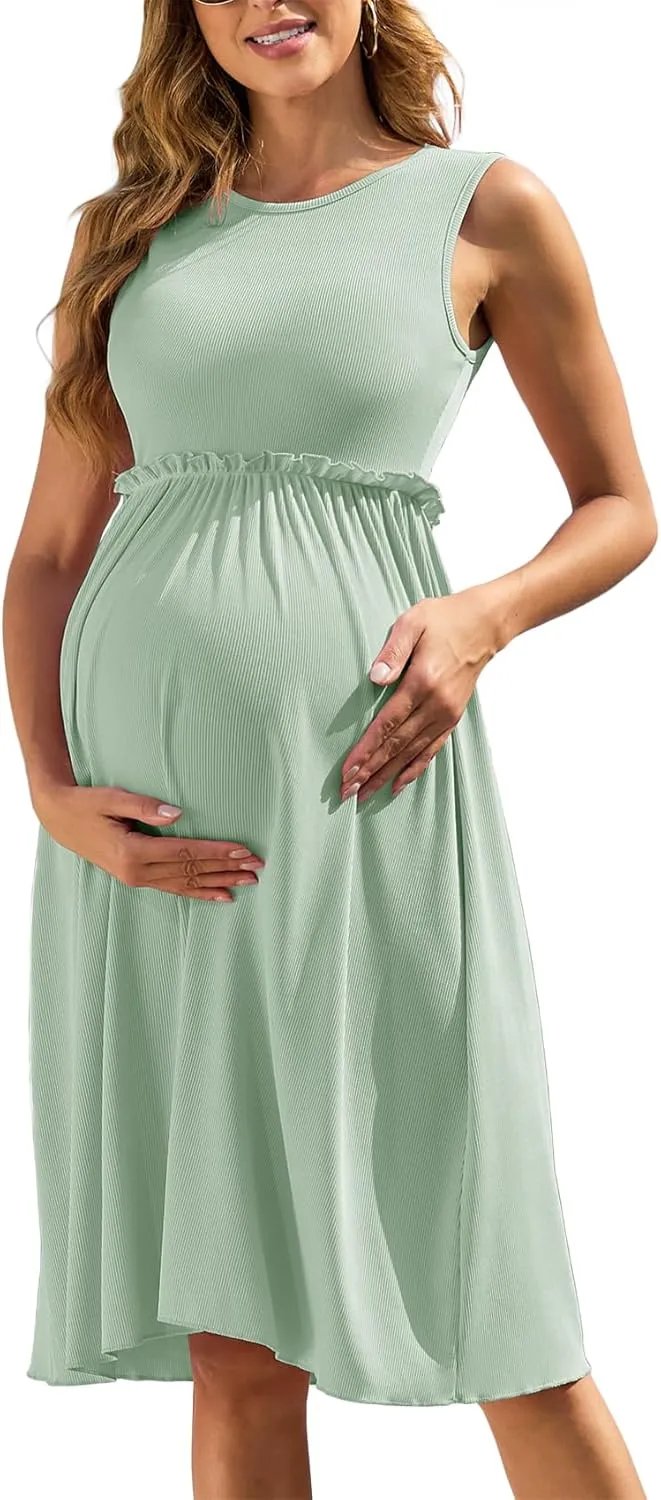 Women's Ribbed Knit Maternity Dress Frill Trim Flowy Shift High Waisted A-Line Round Neck Short Pregnancy Dresses