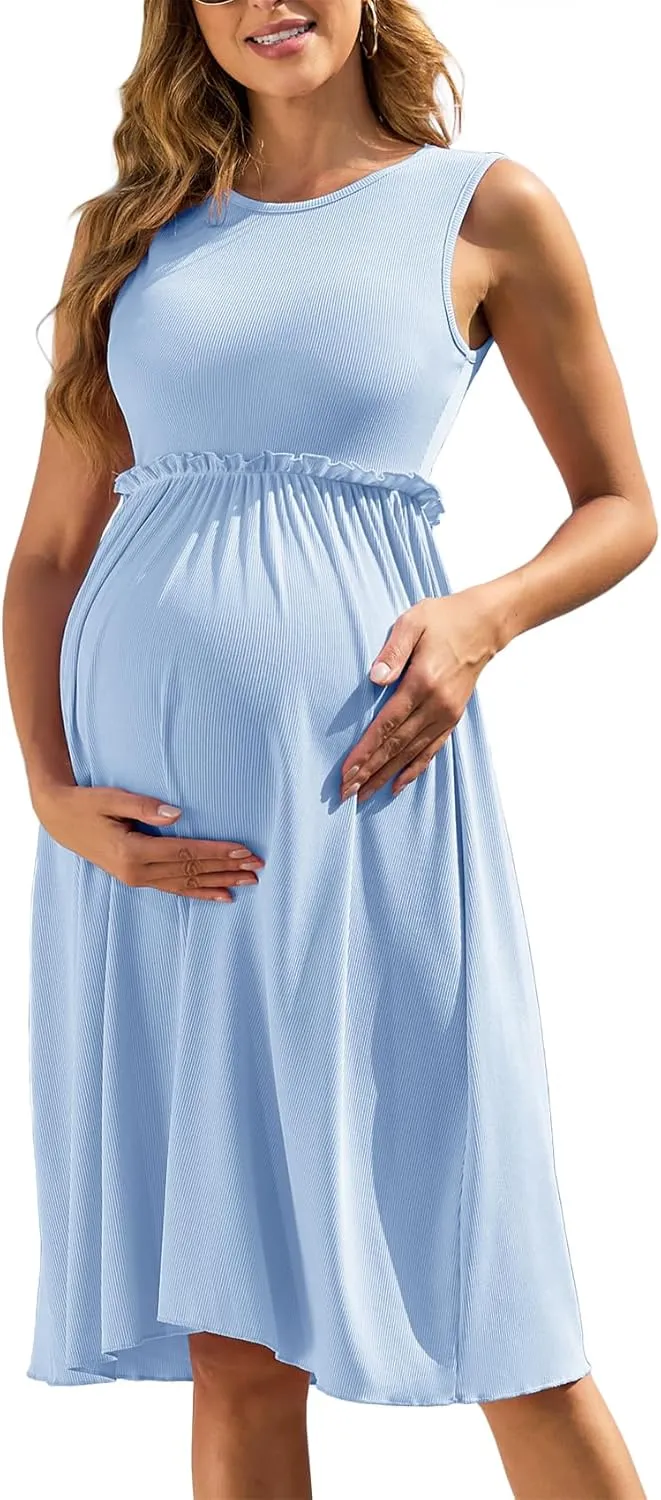 Women's Ribbed Knit Maternity Dress Frill Trim Flowy Shift High Waisted A-Line Round Neck Short Pregnancy Dresses