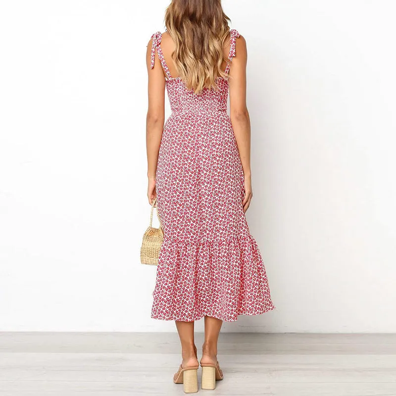 Women's Summer Casual Midi Lace-Up Dress With Print