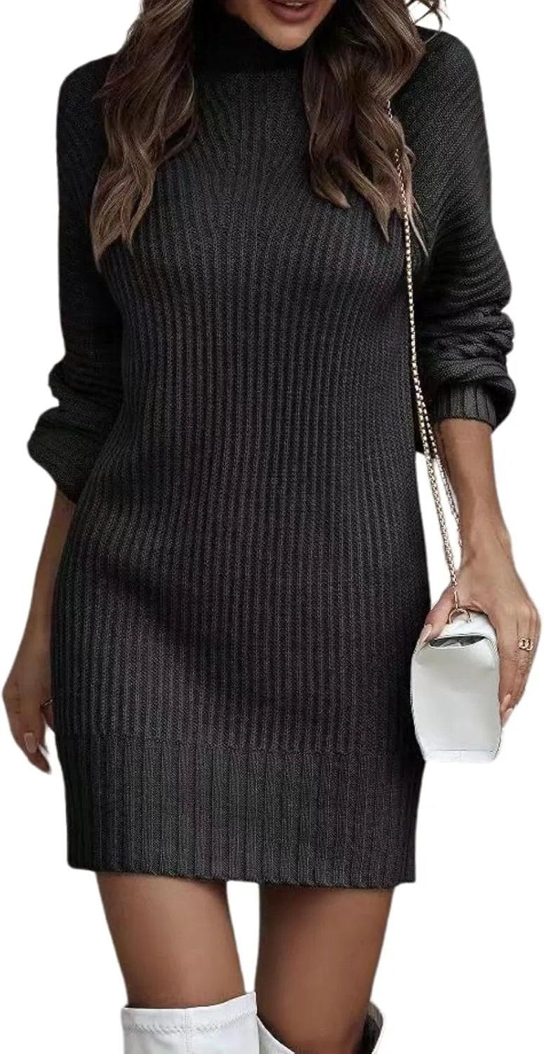 Women's Turtleneck Sweater Dress Oversized Sweater Mini Dress Casual Long Sleeve Knitted Pullover Sweaters Fall Dress